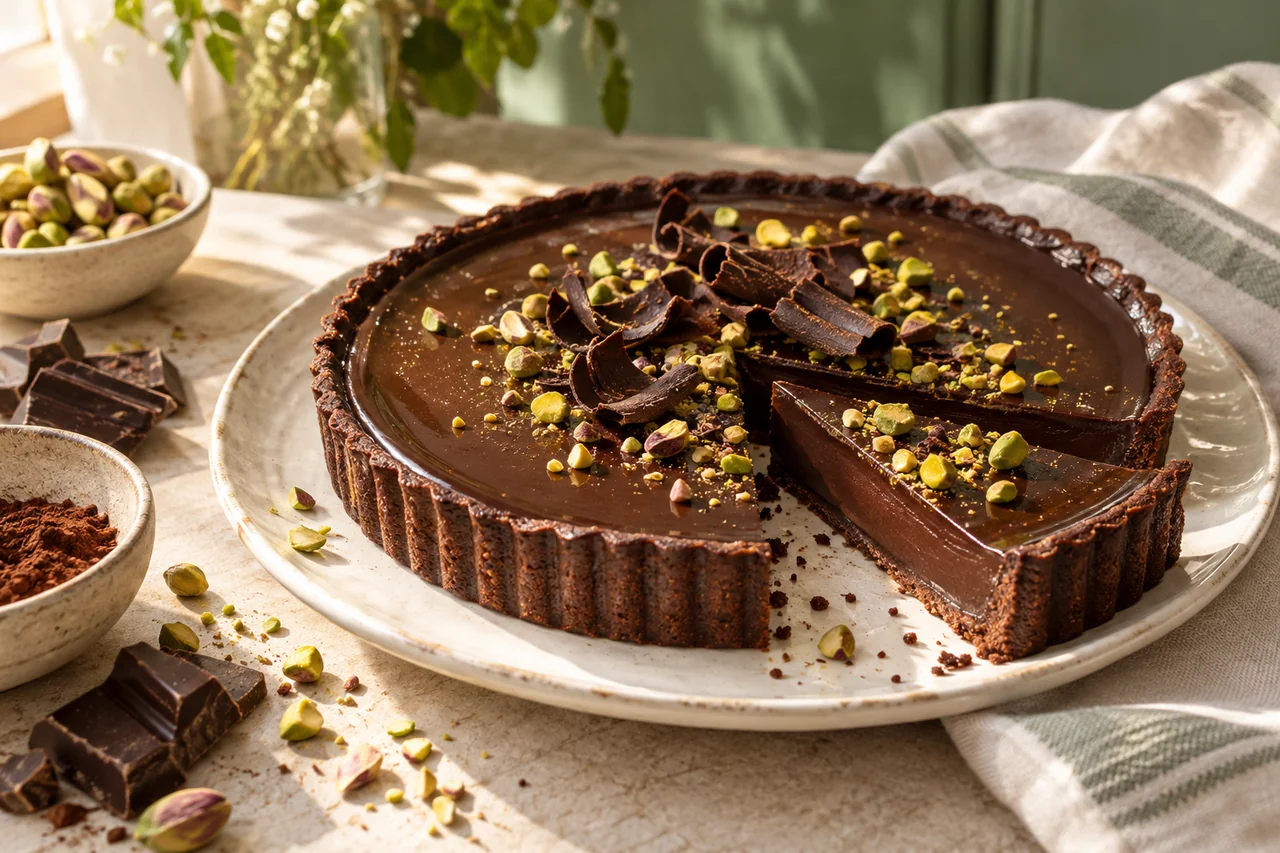 Chocolate ganache tart with a cut slice, chocolate curls and pistachios on a cream plate