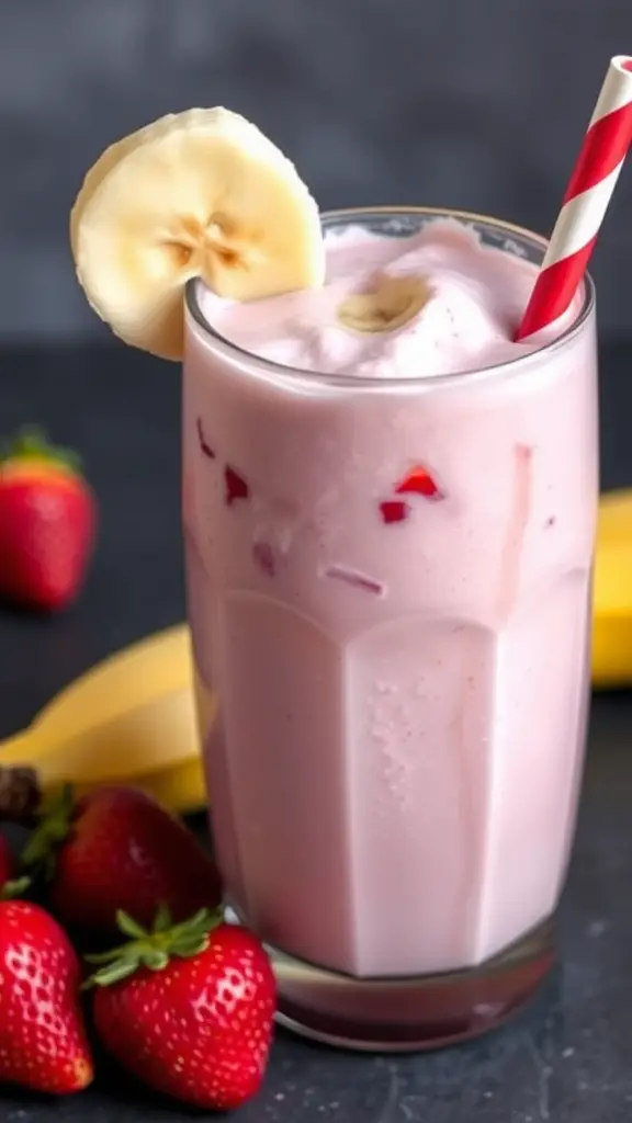A delicious strawberry banana milkshake topped with a banana slice and a striped straw.