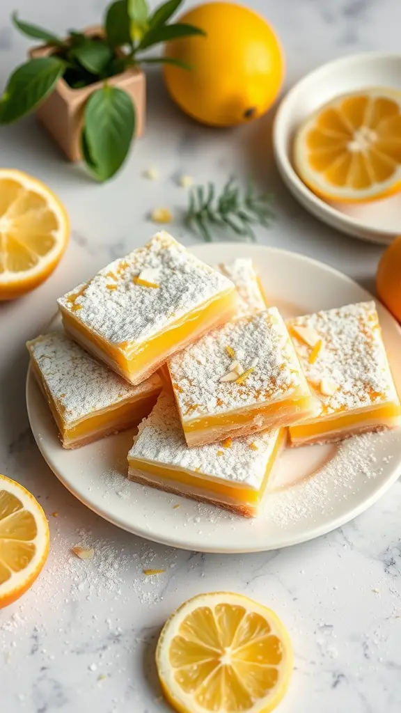 A plate of almond flour lemon bars dusted with powdered sugar, surrounded by lemon slices and a small plant.