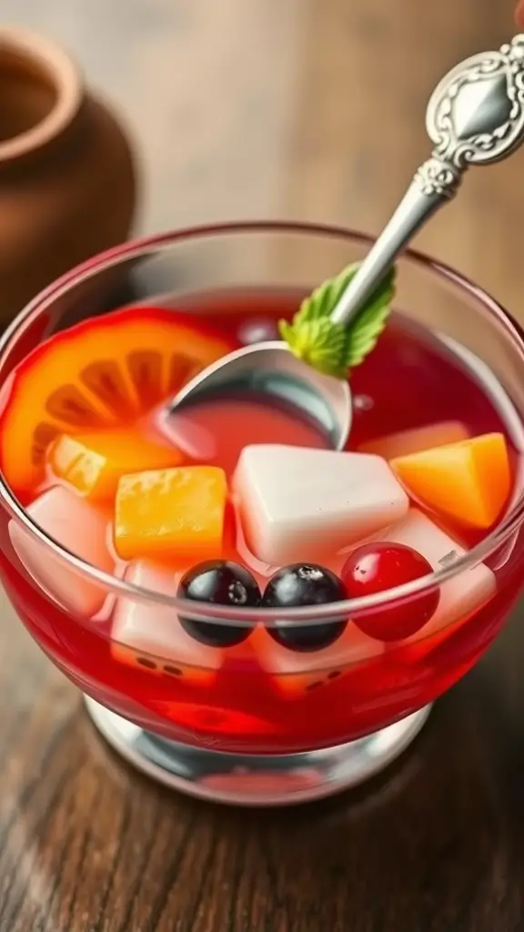 A bowl of Anmitsu dessert featuring colorful jellies and fruits in a syrup.