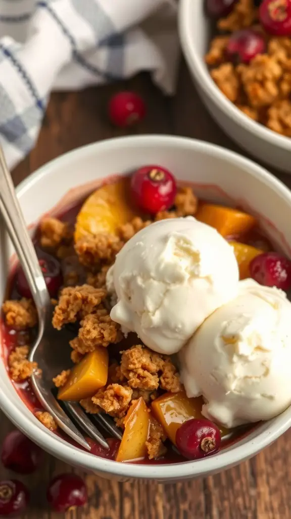 A bowl of apple and cranberry crumble topped with ice cream and a fork on the side.