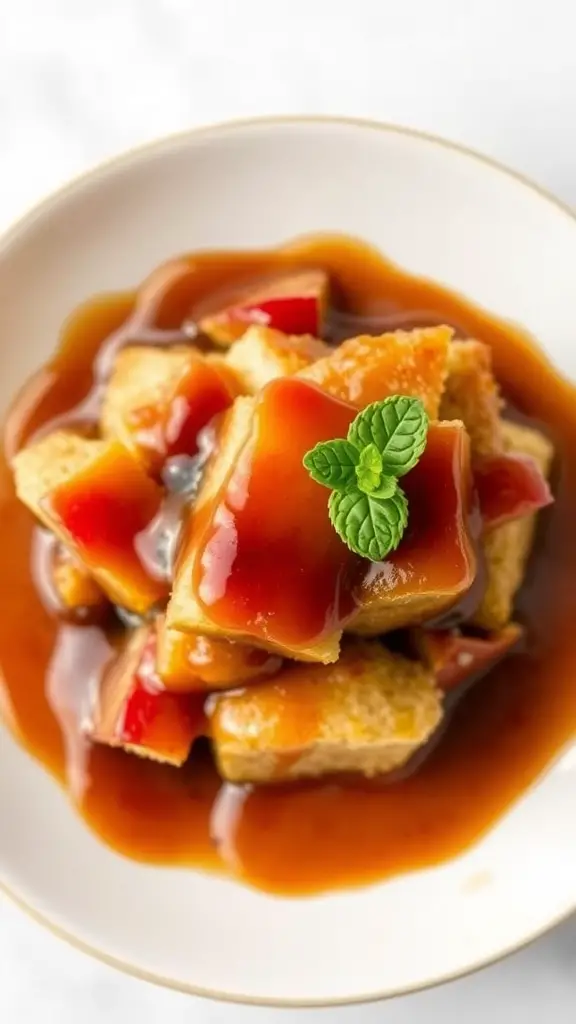 A serving of apple bread pudding drizzled with caramel sauce, garnished with a mint leaf.
