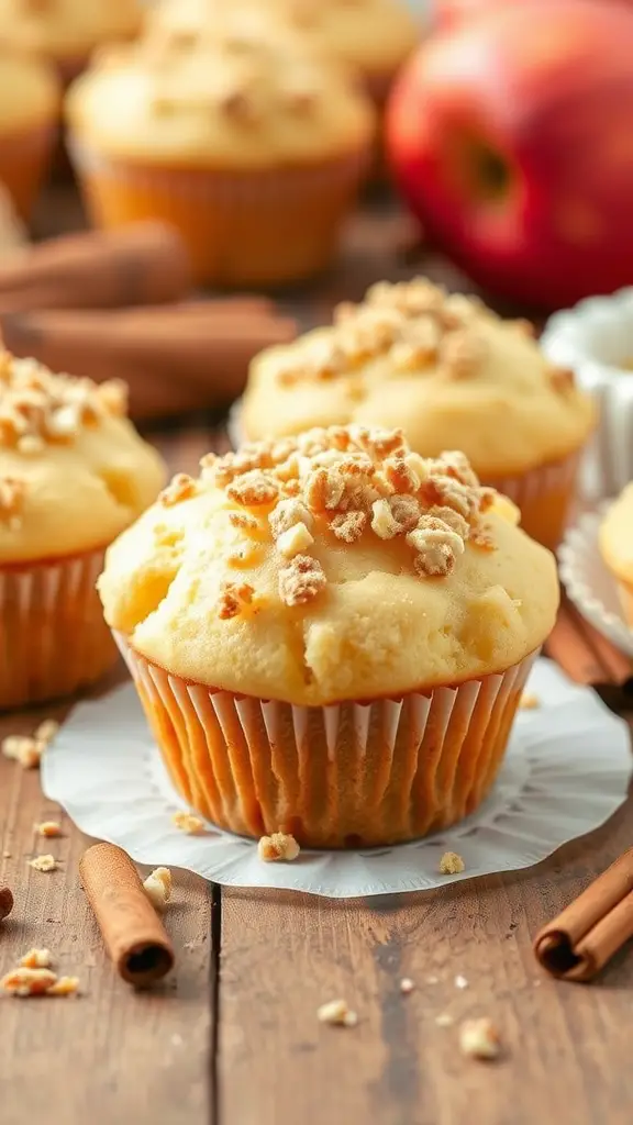 Freshly baked apple cinnamon muffins topped with streusel, surrounded by cinnamon sticks and apples.