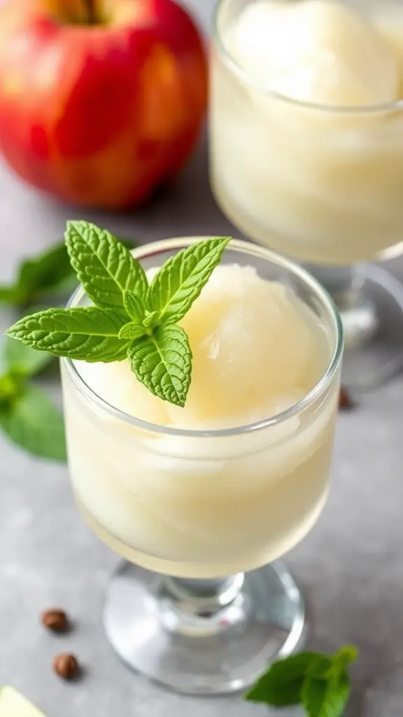 A glass of apple sorbet topped with fresh mint leaves next to a red apple.