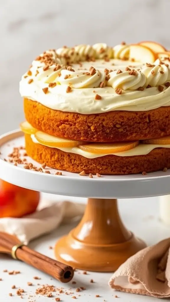 A close-up of a layered autumn spiced apple cake with cream cheese frosting and apple slices on top.