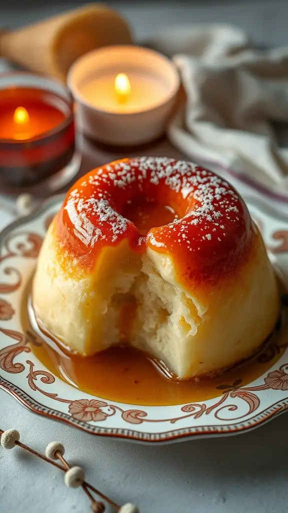 A delicious Baba au Rhum dessert with a shiny rum syrup glaze on a decorative plate.