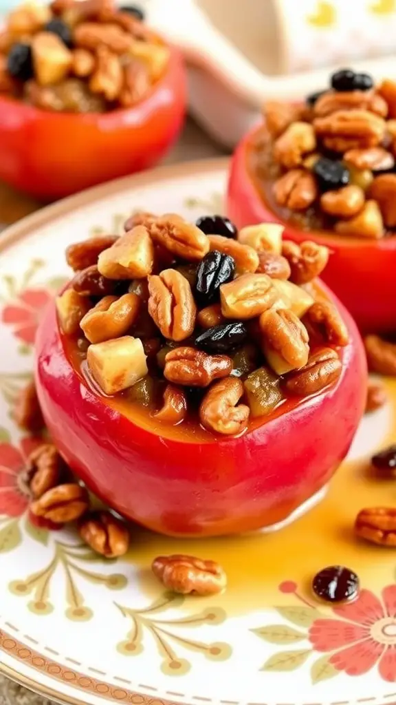 Baked apples stuffed with nuts and raisins on a decorative plate