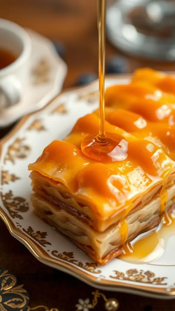 A delicious piece of baklava drizzled with honey syrup on a decorative plate.