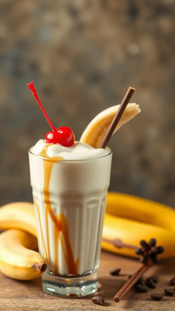 A delicious banana milkshake topped with a cherry and a slice of banana, served in a glass with bananas in the background.