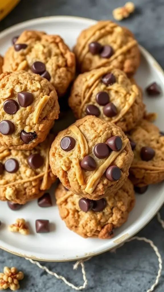 A plate of banana oatmeal cookies topped with chocolate chips.