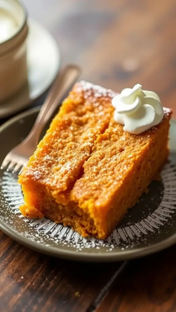 A slice of sweet potato cake topped with whipped cream on a decorative plate.