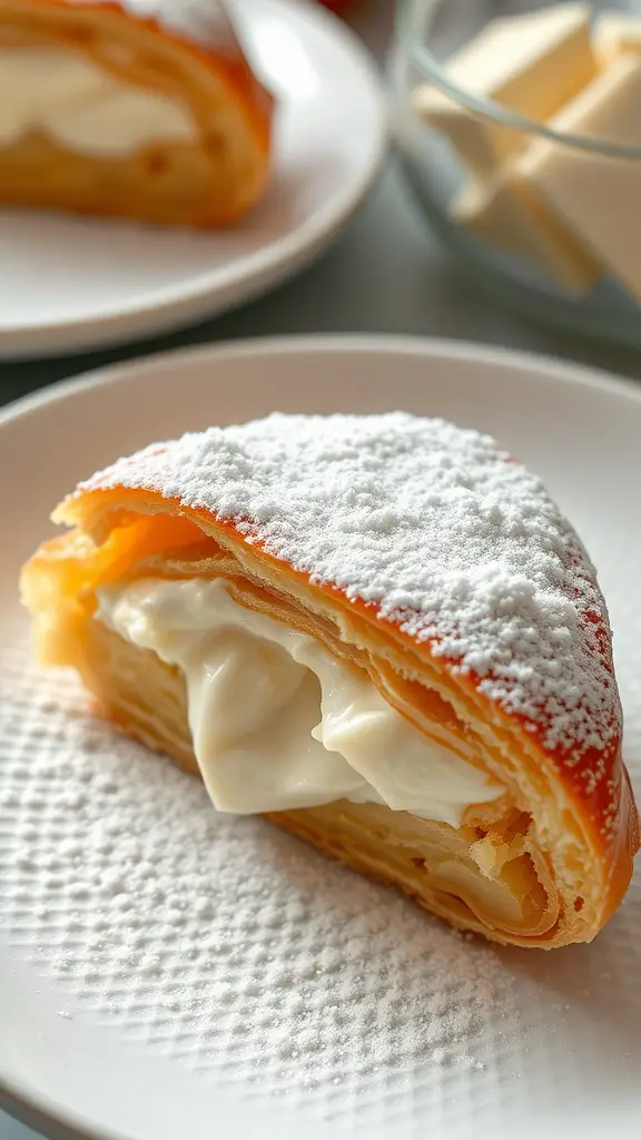 A close-up of a cream-filled bougatsa pastry dusted with powdered sugar on a plate.
