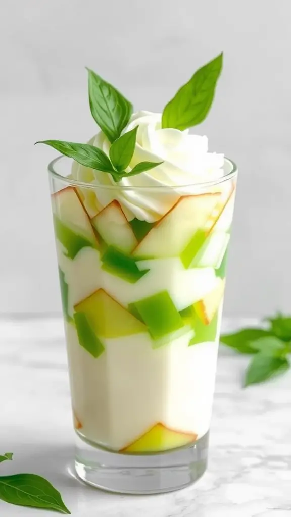 A glass of Buko Pandan dessert with green jelly, coconut cream, and fresh basil leaves on top.