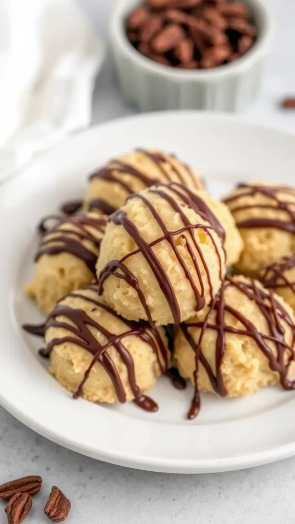 Close-up of cacao nib coconut macaroons drizzled with chocolate on a white plate.