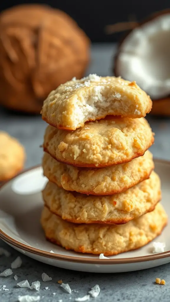 A stack of chewy coconut macaroons on a plate with a bite taken out of one.