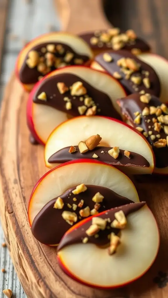 Chocolate-covered apple slices topped with nuts on a wooden board.
