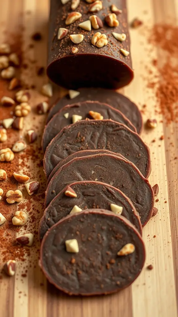 Sliced chocolate salami with nuts on a wooden board