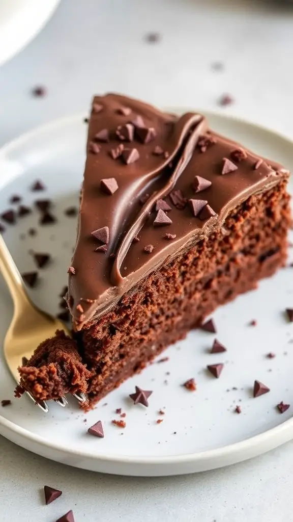 A slice of chocolate zucchini cake topped with chocolate frosting and chocolate chips on a white plate.