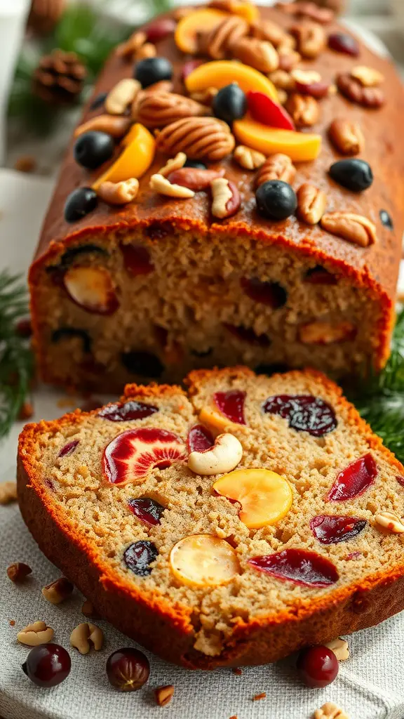 Slice of colorful Christmas fruitcake showing fruits and nuts