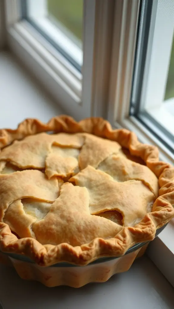 A freshly baked apple pie with a flaky crust on a windowsill.