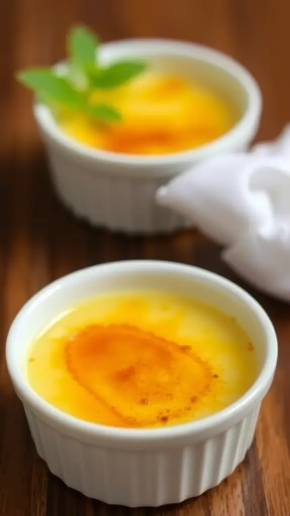 Two servings of creamy classic crème brûlée with a caramelized top and a mint leaf garnish.