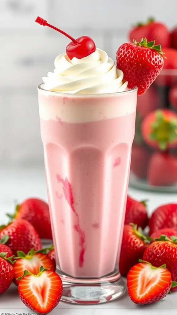 A delicious strawberry milkshake topped with whipped cream and a cherry, surrounded by fresh strawberries.