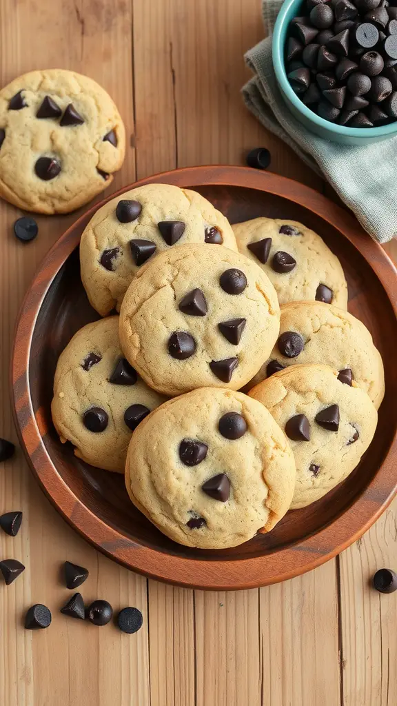 A plate of coconut flour chocolate chip cookies with chocolate chips scattered around.