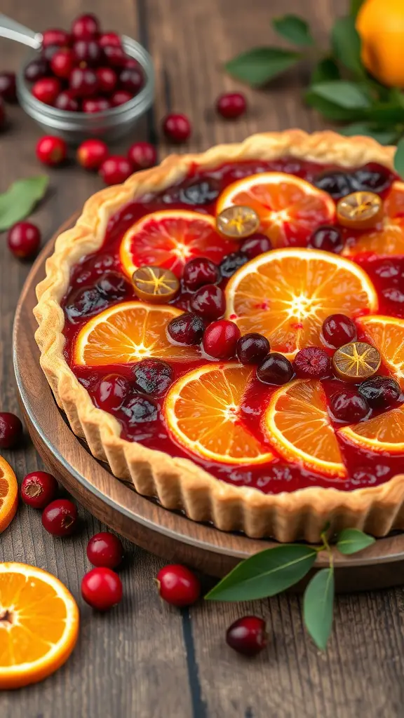 A beautifully arranged cranberry orange tart on a wooden table, surrounded by fresh cranberries and citrus.