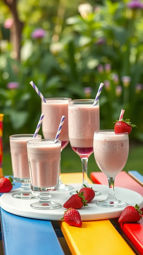 A variety of strawberry milkshakes served in different glasses with fresh strawberries on a colorful table.