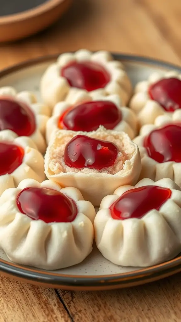A plate of daifuku with sweet red bean paste, featuring shiny red toppings.