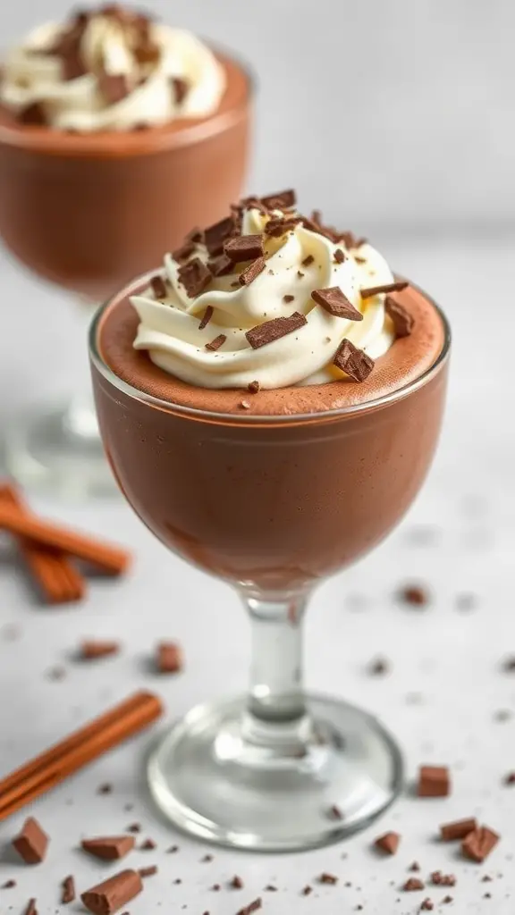 Chocolate mousse topped with whipped cream and chocolate shavings in a glass dish