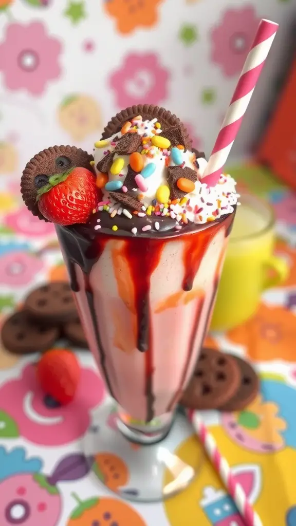 A colorful strawberry milkshake topped with whipped cream, sprinkles, and cookies on a vibrant floral background.