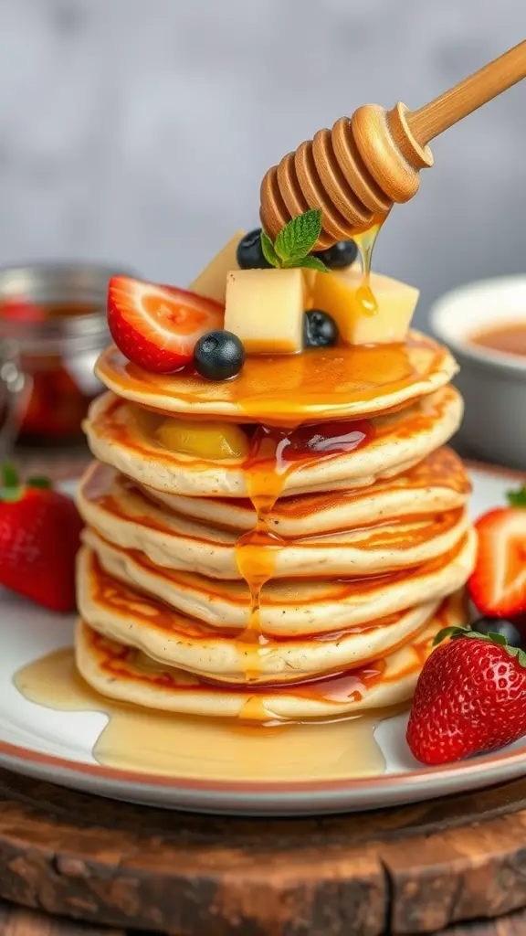Stack of dorayaki pancakes topped with syrup, honey, and fresh fruit on a plate.