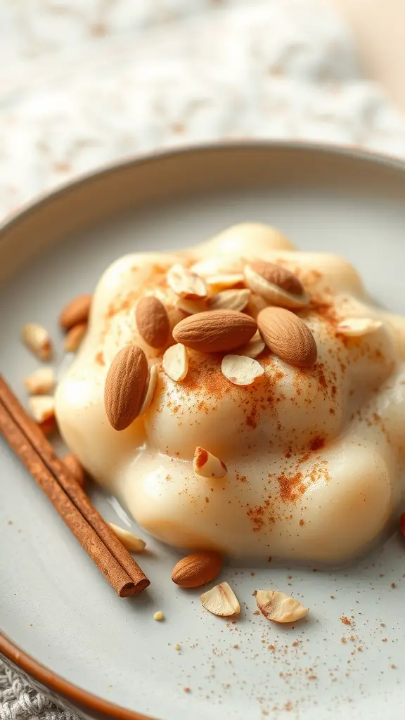 A serving of semolina pudding topped with almonds and cinnamon sticks on a plate.