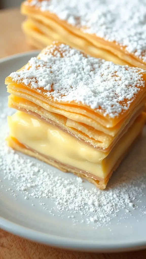 A close-up of galaktoboureko, showcasing layers of phyllo pastry and custard, dusted with powdered sugar.