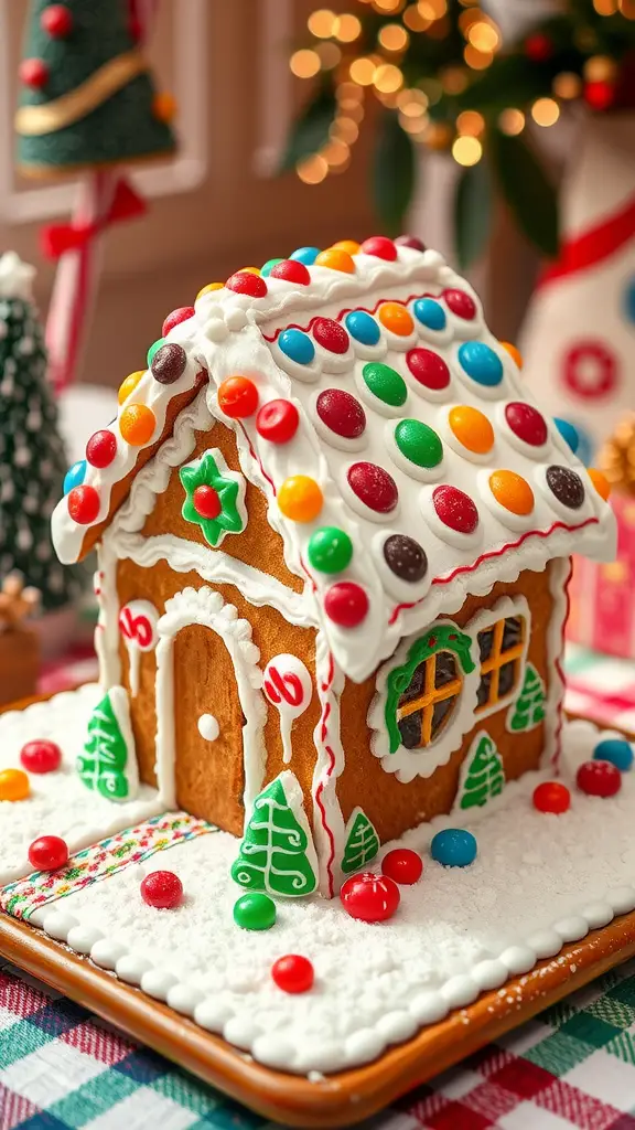 A decorated gingerbread house with colorful candies and icing.