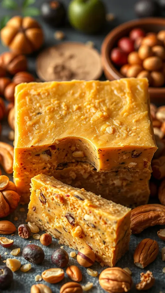 A delicious slice of halva made from semolina, surrounded by various nuts and fruits.