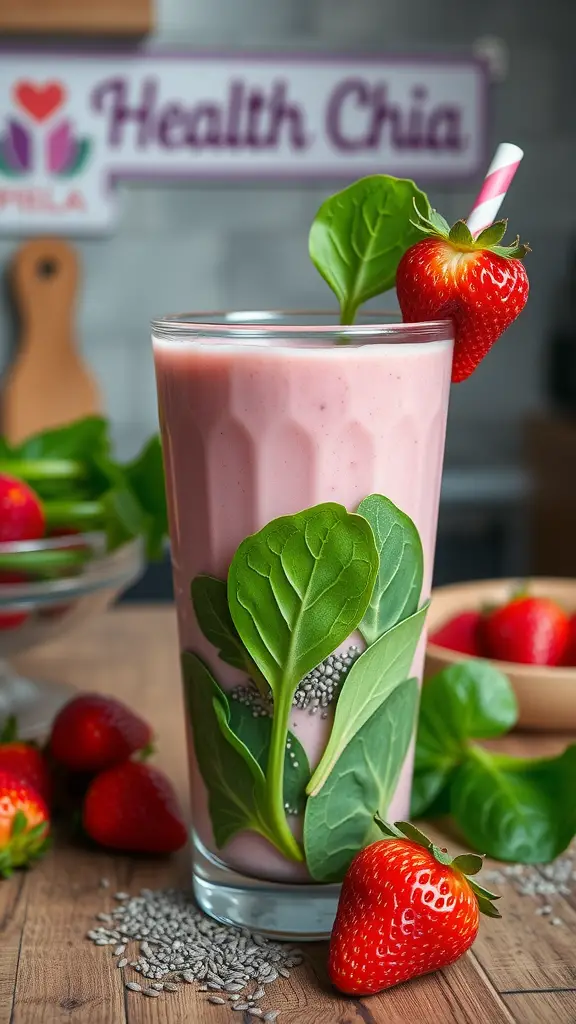 A strawberry milkshake with spinach and chia seeds, garnished with fresh strawberries.