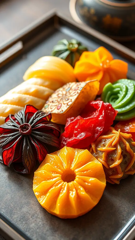 An assortment of colorful Higashi sweets arranged on a tray