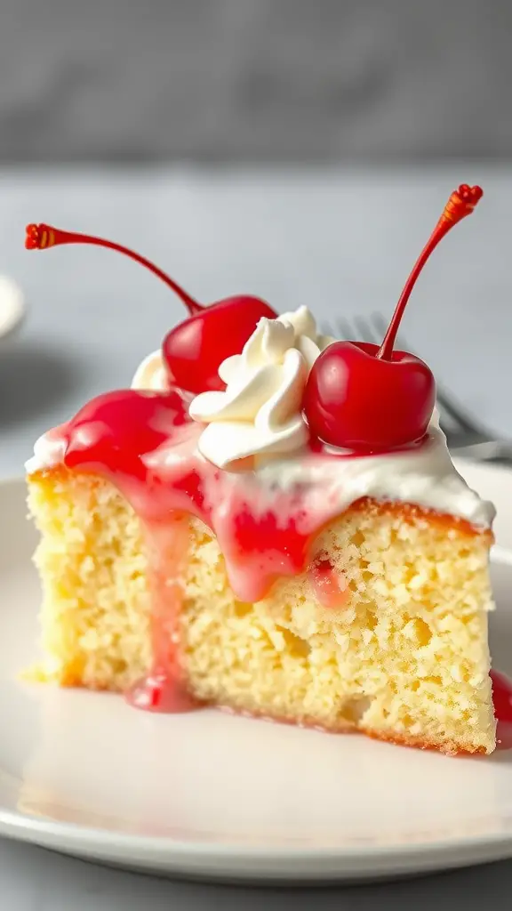 Slice of Tres Leches Cake topped with cherries and whipped cream