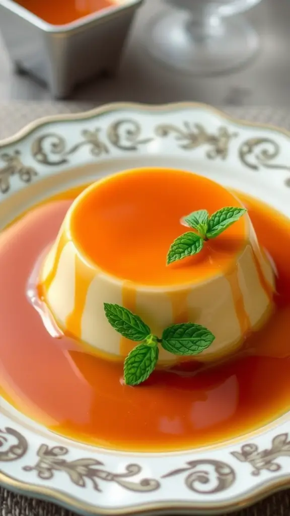 A beautiful flan dessert topped with caramel drizzle and mint leaves.