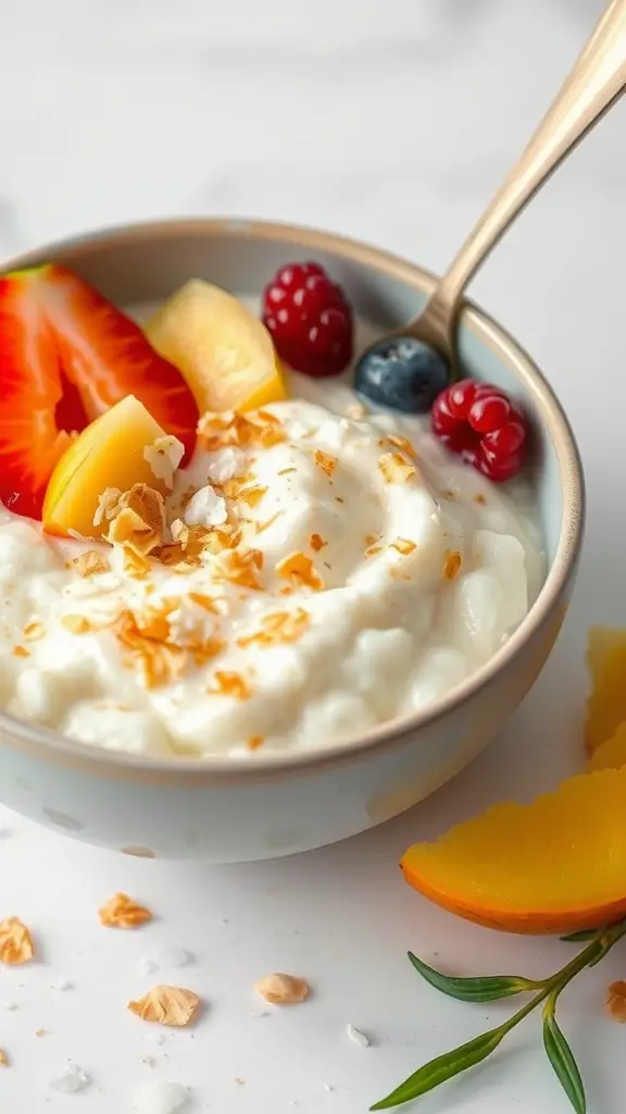 A bowl of coconut rice pudding topped with fresh fruits and toasted coconut flakes.