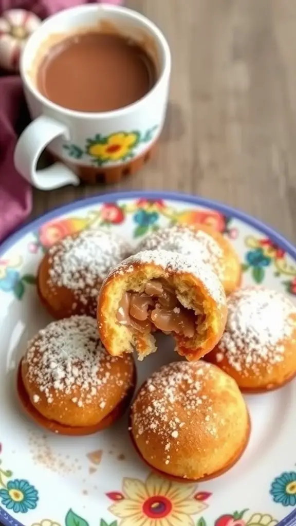 Delicious buñuelos dusted with powdered sugar on a colorful plate, with one buñuelo cut in half showing caramel filling, accompanied by a cup of hot chocolate.