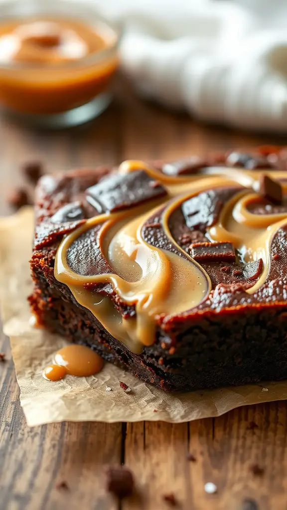 Delicious dulce de leche brownies with caramel drizzled on top, set on a wooden surface.