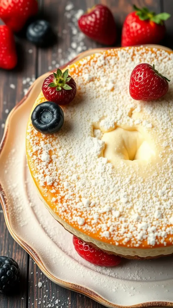 A jiggly Japanese cheesecake topped with strawberries and blueberries on a plate