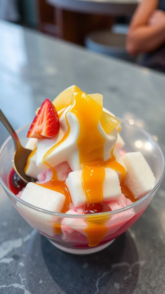 A colorful bowl of kakigori, featuring shaved ice, syrup, and fruit toppings.