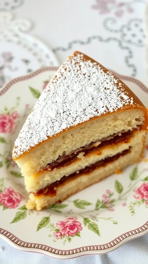 A slice of Karpatka cream cake on a floral plate, showcasing layers of pastry and cream, dusted with powdered sugar.