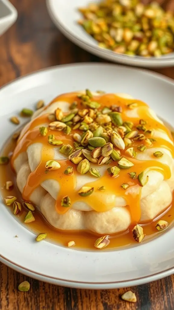 A plate of Kataifi featuring shredded pastry topped with syrup and pistachios.