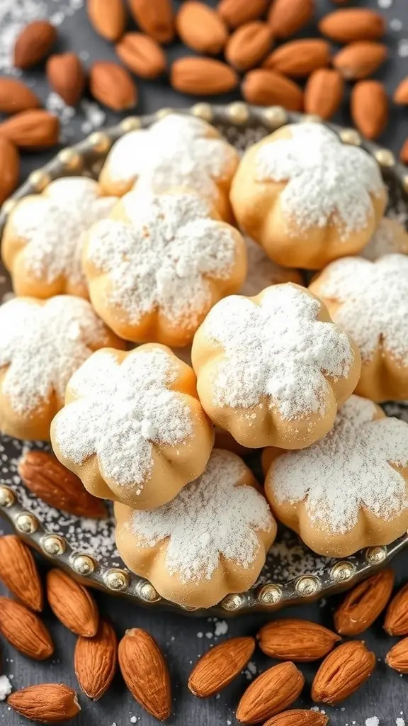 A plate of Kourabiedes almond cookies surrounded by almonds.