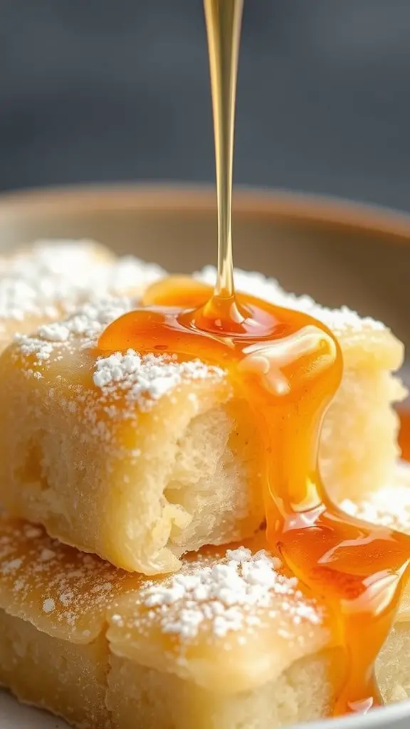 Close-up of kuzumochi topped with syrup and powdered sugar.